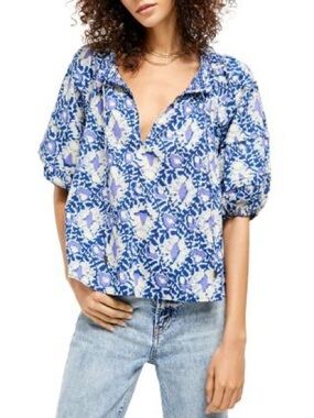 Free People Blue Floral Puff Sleeve V-Neck Top